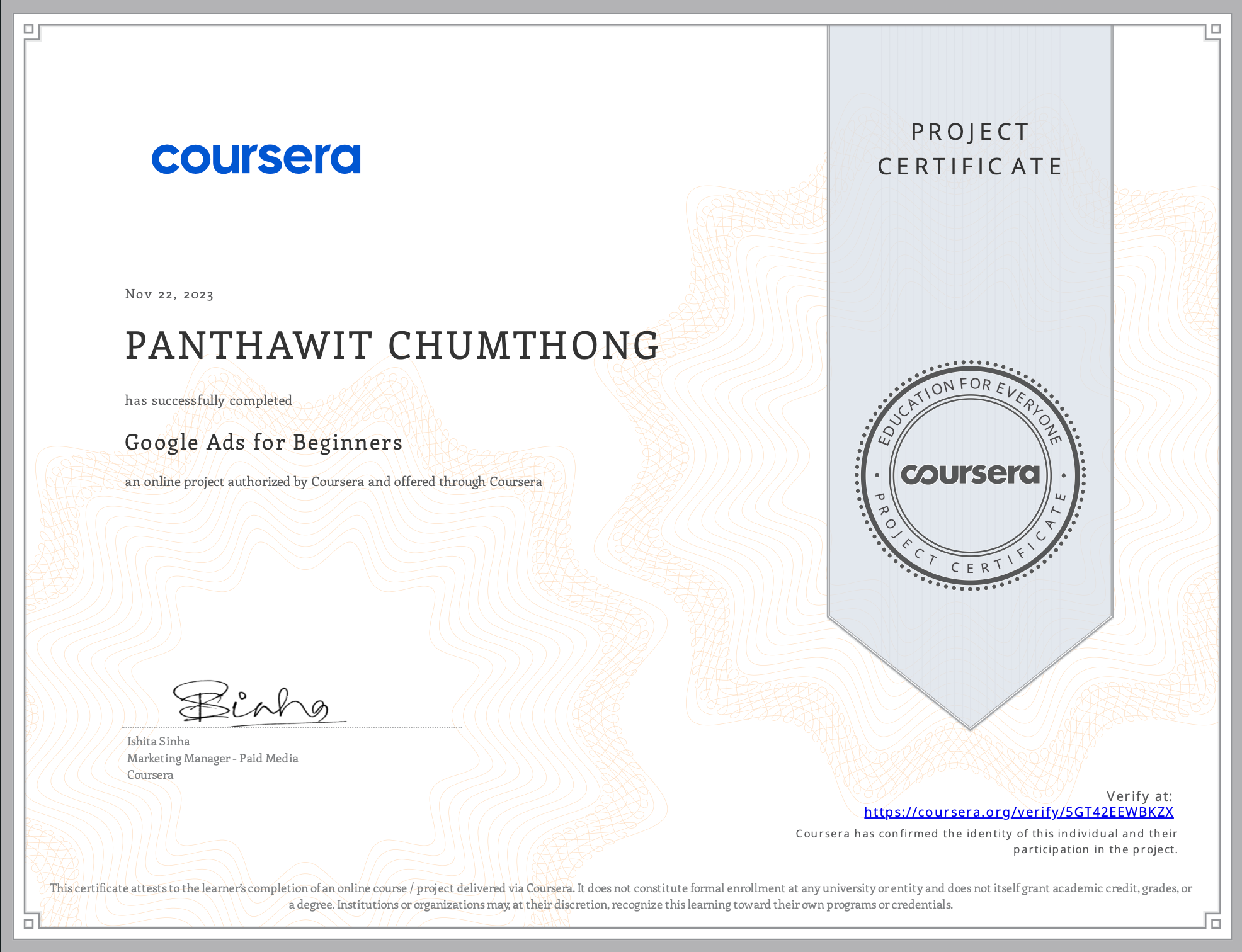 Google Ads for Beginners certificate